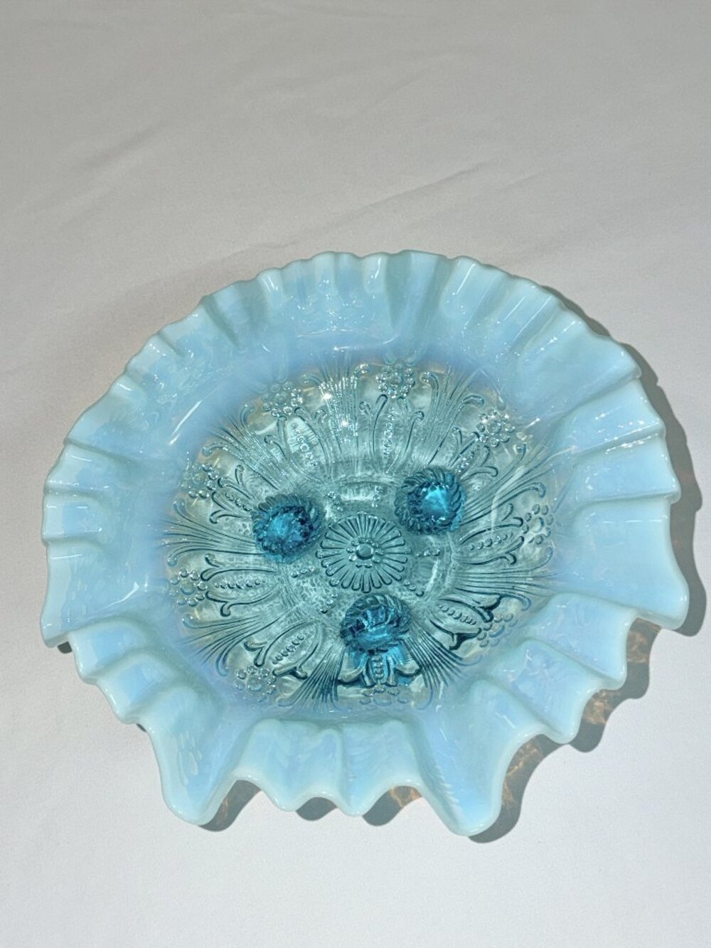 Vintage Jefferson Glass Beaded Fleur de Lis Blue Opalescent Footed Ruffled bowl